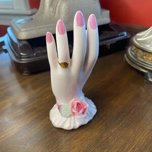 Vintage Rare Lefton China Ladies Hand Bud Vase Pink Ring Hold Roses Gold Trim